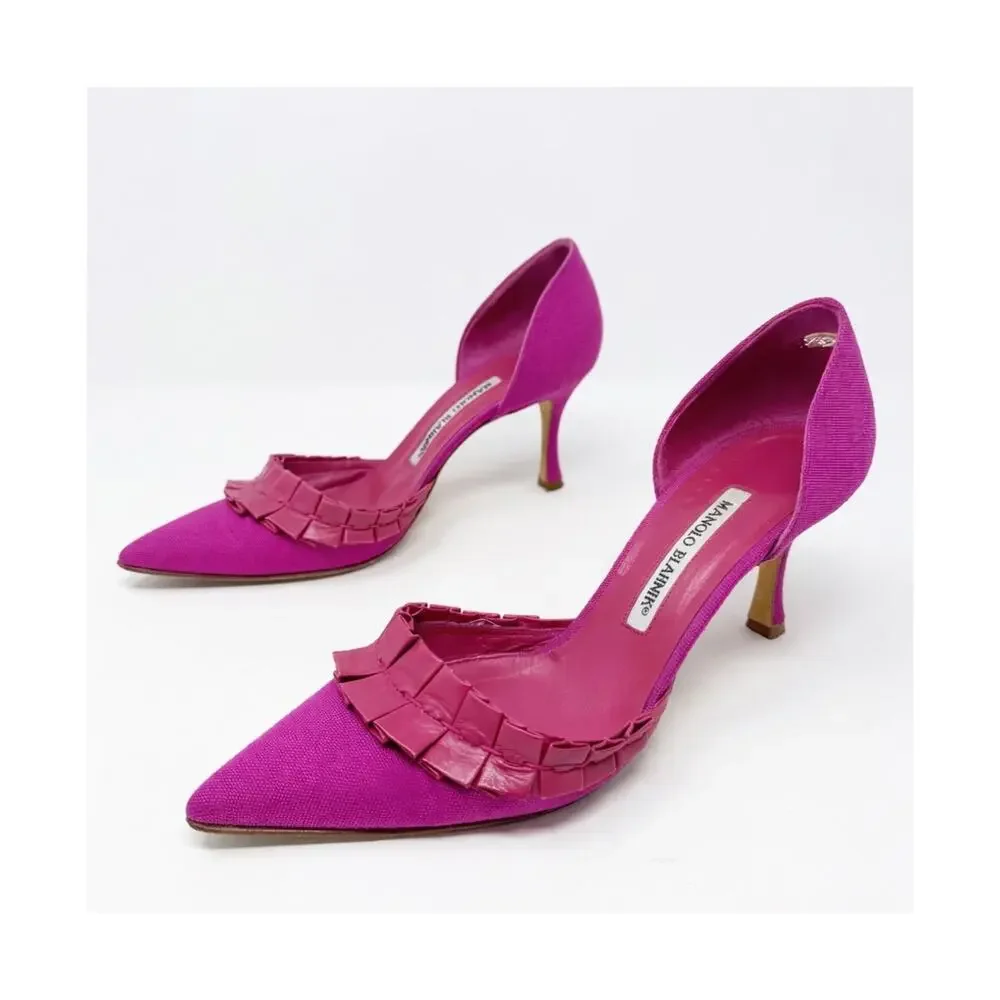 Manolo Blahnik D’Orsay Heels Pink Canvas Pointed Toe Womens Size EU 36.5